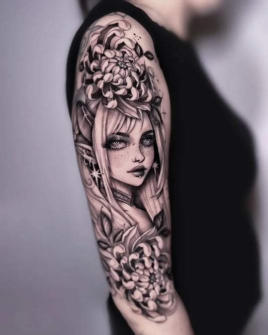 Big FineLine ElfGirlWithChrysanthemums on Women Arm Tattoo by @tattooassist