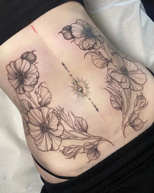 Big FineLine FloralDesignwithSunTattoo on Women Stomach by @emi1yelizabeth