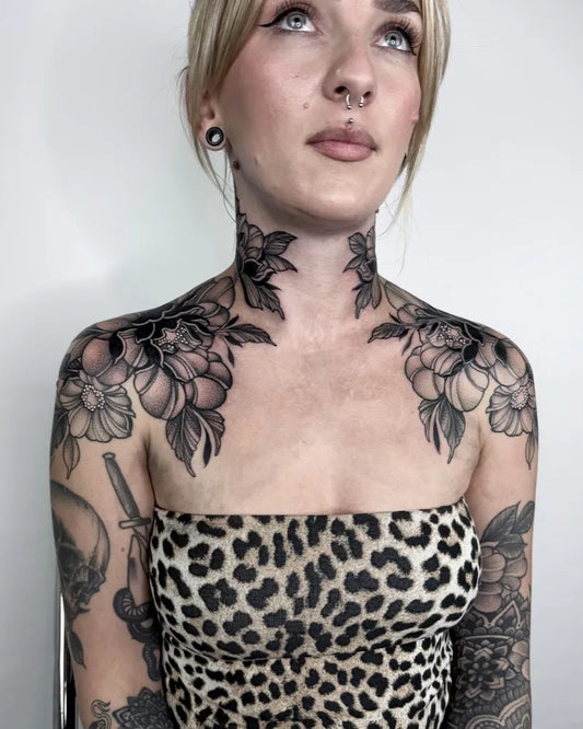 Big FineLine FloralSkull on Women Chest Tattoo by @jadereevetattoo