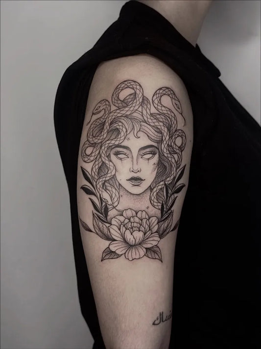 Big FineLine Medusa with Snakes and Peony on Women Arm Tattoo by @melania_noire