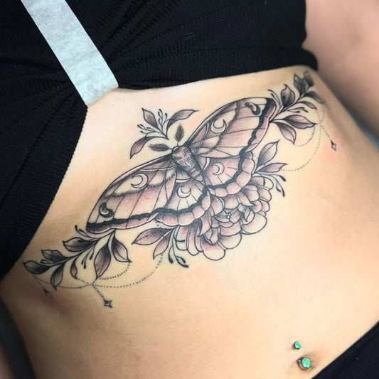 Big FineLine Moth and Peony on Women Sternum Tattoo by @missdtattoo