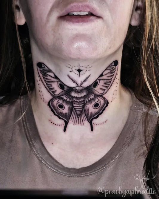 Big FineLine Moth on Women Neck Tattoo by @peachyaphrodite