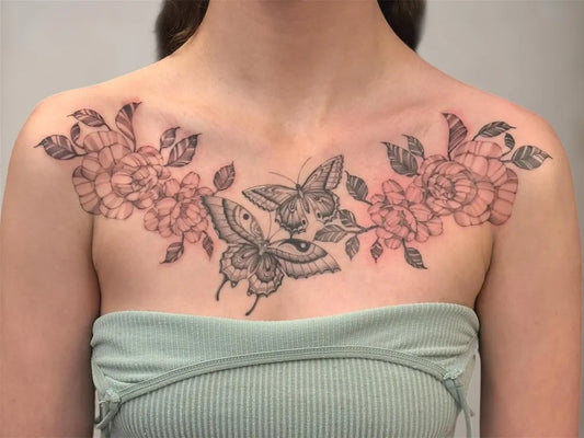 Big FineLine Peonies and Butterflies on Women Chest Tattoo by @abctattoo