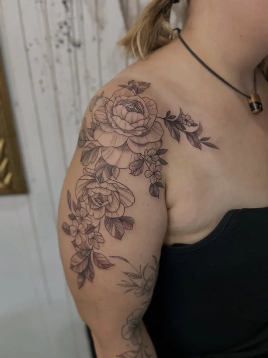 Big FineLine Peony and Leaves on Women Shoulder Flower Tattoo by @dieschulz_tattoo