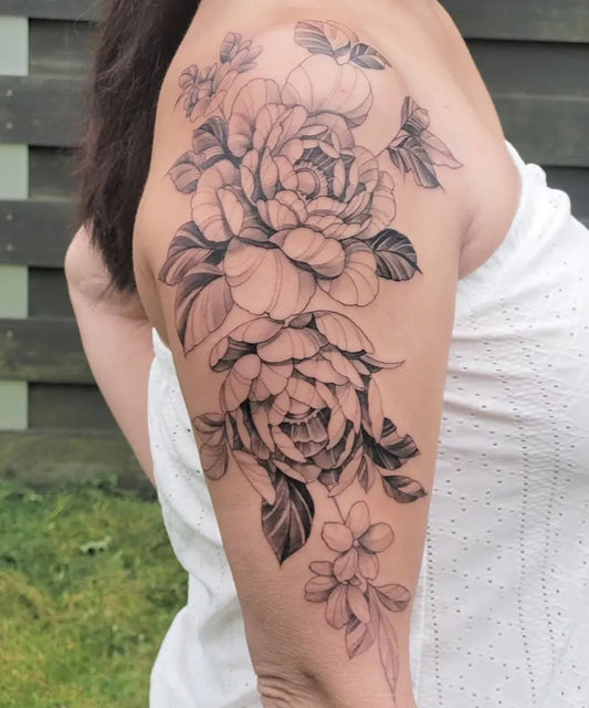 Big FineLine PeonyandCherryBlossom on Women Shoulder Flower Tattoo by @akosboko_tattooartist