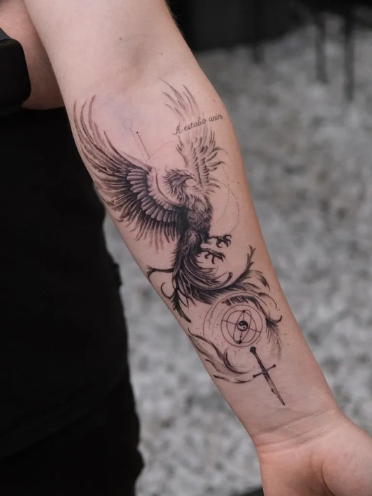 Big FineLine Phoenix and Sword on Women Arm Tattoo by @duygubecerik