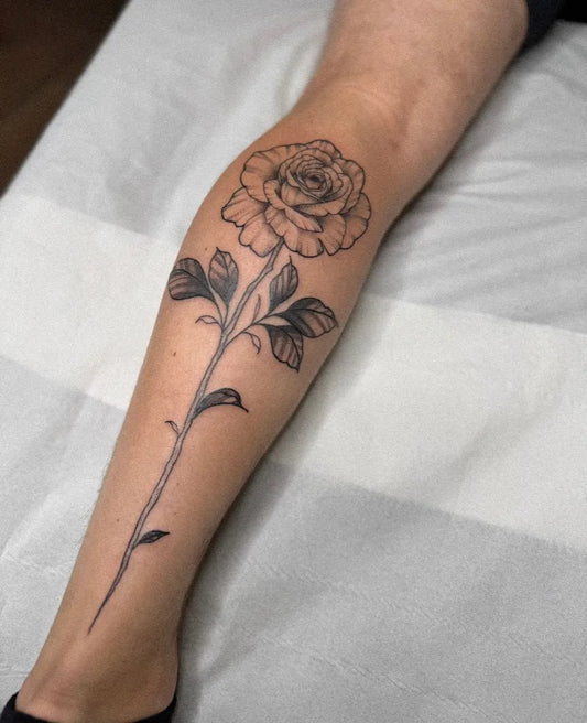 Big FineLine Rose on Women Leg Tattoo by @mollypaigetattoos