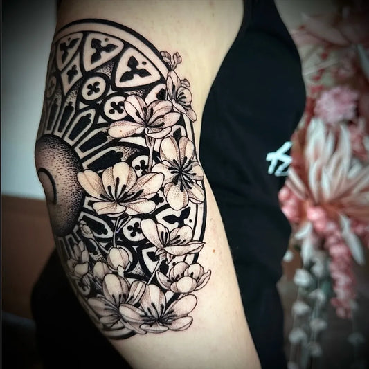 Big FineLine RoseWindowAndCherryBlossoms Tattoo on Women Elbow by @estelle_numtattoo