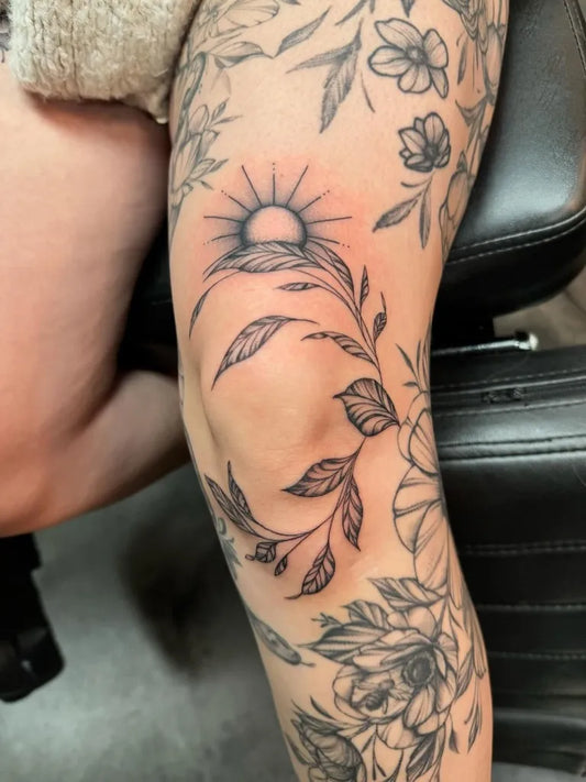 Big FineLine Sun Vines Roses on Women Leg Flower Tattoo by @joshaz_tattoo_uelzen