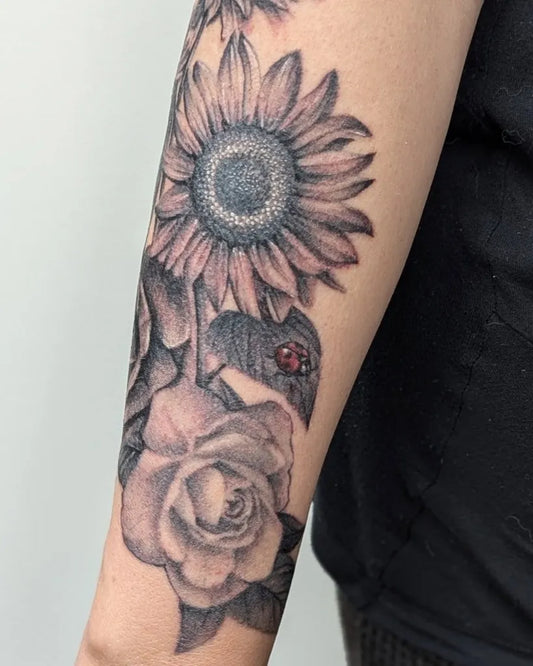 Big FineLine Sunflower Rose Ladybug on Women Forearm Tattoo by @lolotatts