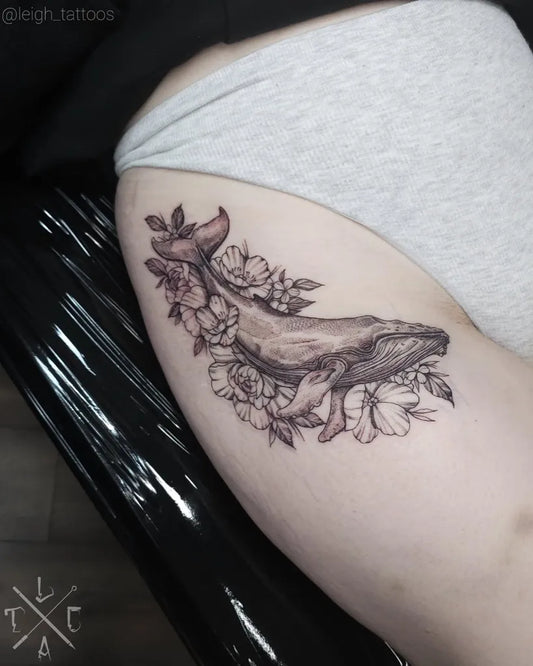 Big FineLine Whale and Flowers on Women Thigh Tattoo by @leighs_tinytatts