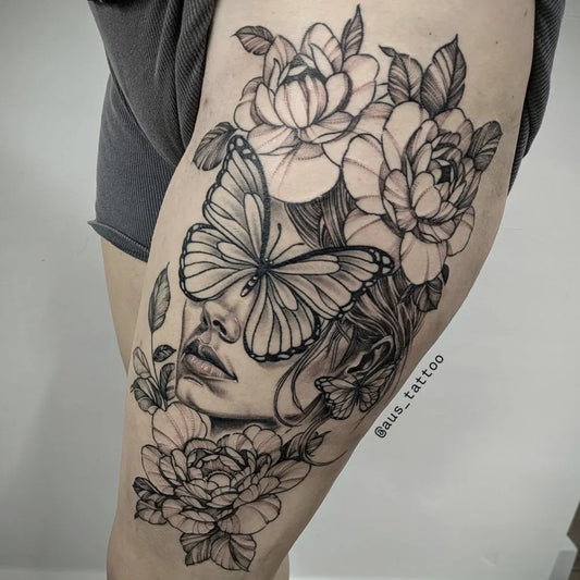 Big FineLine Woman with Flowers and Butterfly on Women Thigh Tattoo by @aus_tattoo