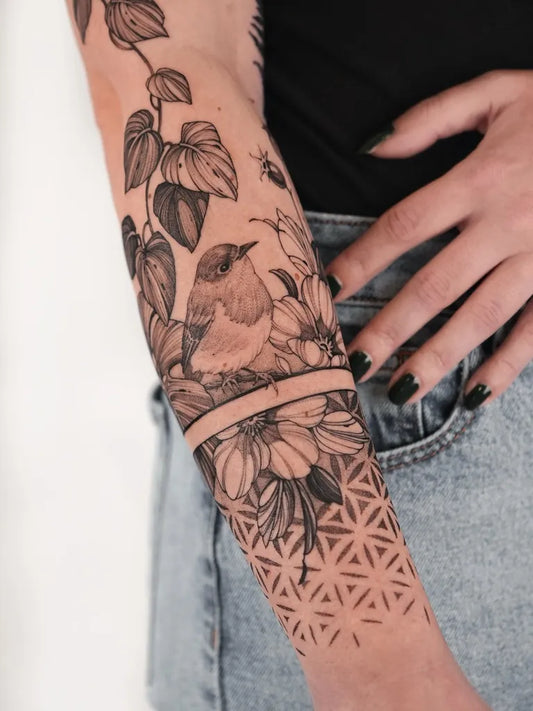 Big Floral Bird Geometric on Women Arm Sleeve Tattoo by @crush.on.line