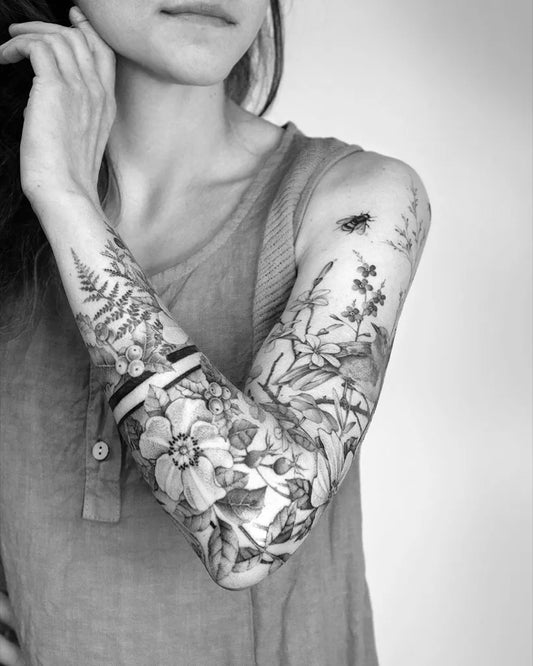 Big Floral Botanical Flowers Ferns Bee on Women Arm Sleeve Tattoo by @picsola