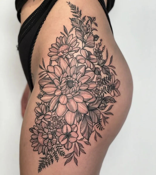 Big Floral Bouquet Tattoo on Women Hip by @elsetattoo