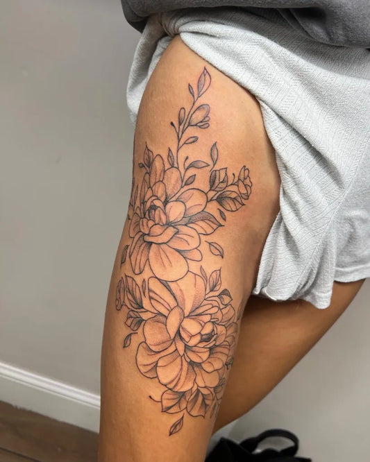 Big Floral Bouquet on Women Thigh Tattoo by @blissbeautyx