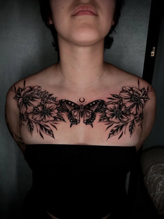Big Floral Butterfly on Women Chest Tattoo by @emar28tattoo
