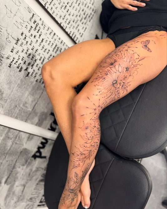 Big Floral Butterfly on Women Thigh Tattoo by @fanny.loart.tattoo