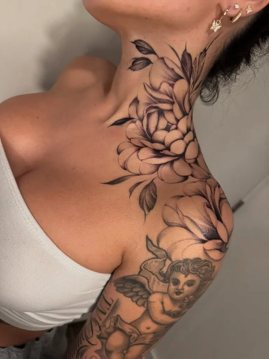 Big Floral Flower and Cherub on Women Neck Tattoo by @tiffytat2