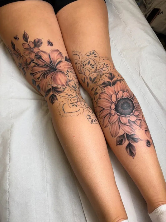 Big Floral Flowers and Vines on Women Leg Tattoo by @jessica_bank_