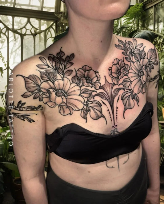 Big Floral Flowers on Women Chest Tattoo by @charlotte.tattoo