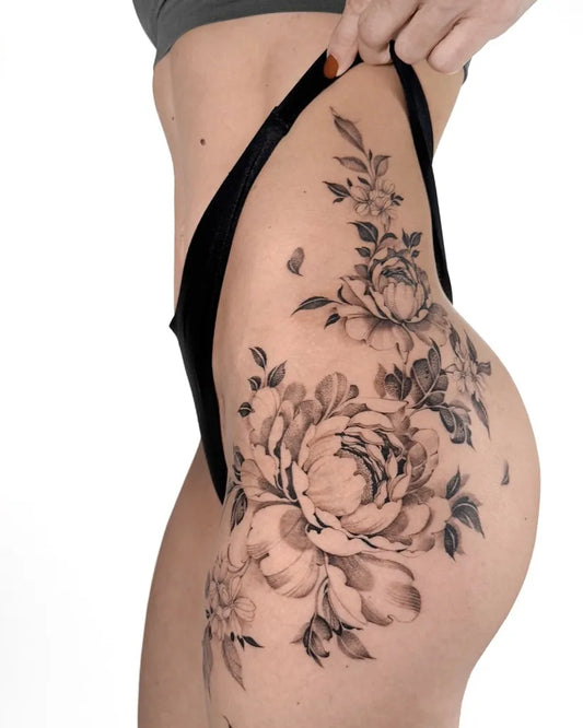 Big Floral Flowers on Women Thigh Tattoo by @sadbunny.tattoo