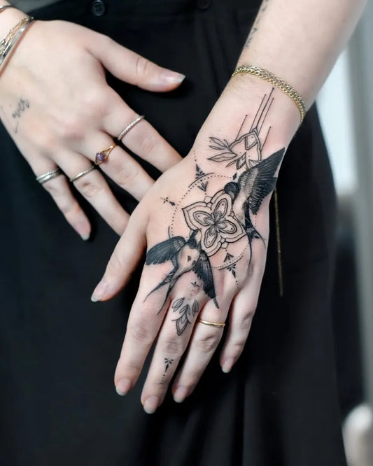 Big Floral Geometric Swallows and Mandala on Women Hands Tattoo by @tattooist_lk