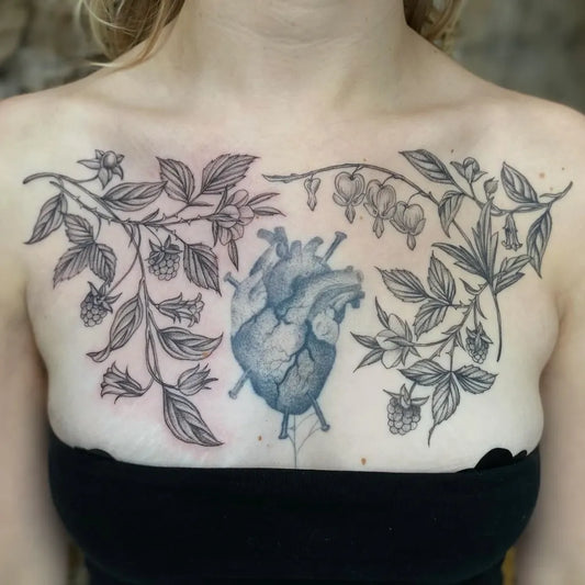 Big Floral Heart and Raspberry Branches on Women Chest Tattoo by @eshannontattoo