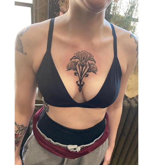 Big Floral Iris on Women Sternum Tattoo by @artxform