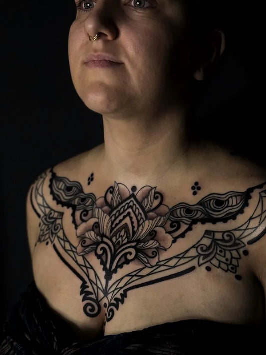 Big Floral Lace on Women Chest Tattoo by @linseifk