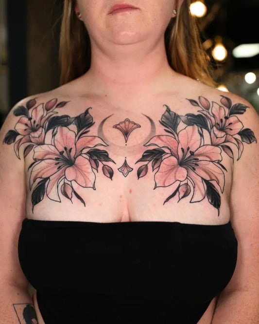Big Floral Lilies and Moon on Women Chest Tattoo by @westsidetattoo719