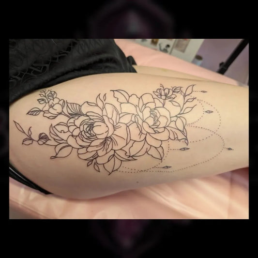 Big Floral Linework Peonies and Vines on Women Thigh Tattoo by @blackgatestudios_