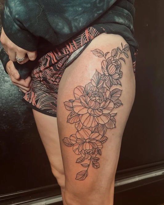 Big Floral Linework Peony Flowers on Women Thigh Tattoo by @rebelrosetattoo