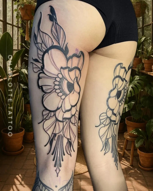 Big Floral Linework Peony and Feathers on Women Leg Tattoo by @charlotte.tattoo