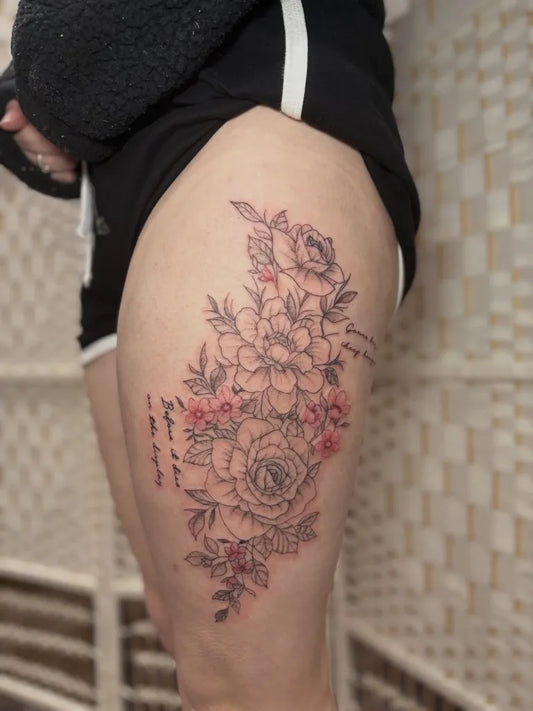Big Floral Linework Roses and Flowers on Women Thigh Tattoo by @bendypokes