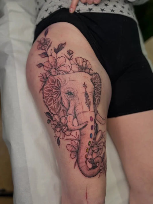 Big Floral Mandala Elephant on Women Thigh Tattoo by @lanietattoos
