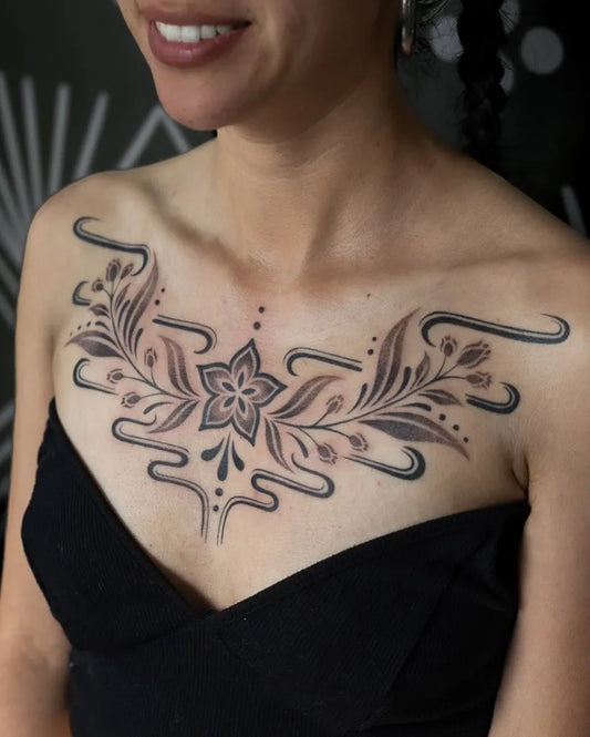 Big Floral Mandala Leaves and Flowers on Women Chest Tattoo by @az.inkz