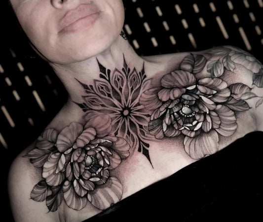 Big Floral Mandala Peonies on Women Chest Tattoo by @allblacktattoos