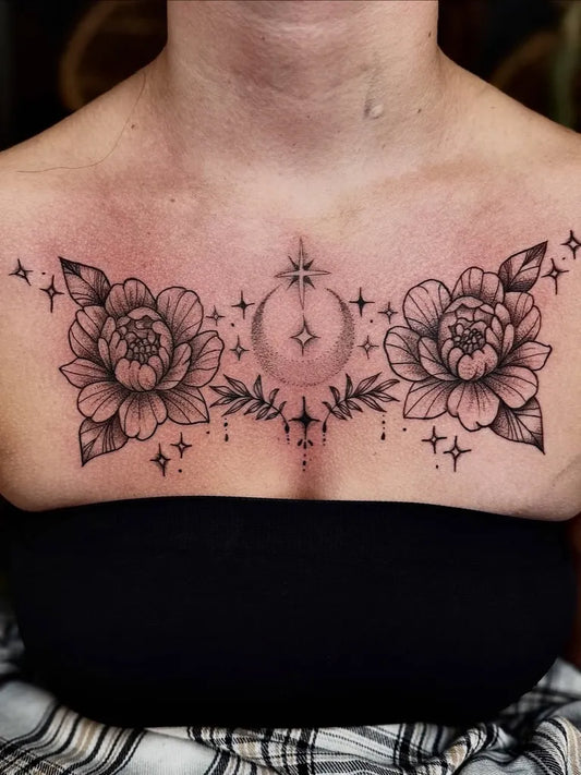 Big Floral Mandala Peony Flowers on Women Chest Tattoo by @honeyrosetattoo