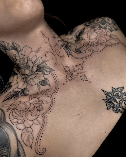 Big Floral Mandala on Women Chest Tattoo by @lauragascoynee_tattoo