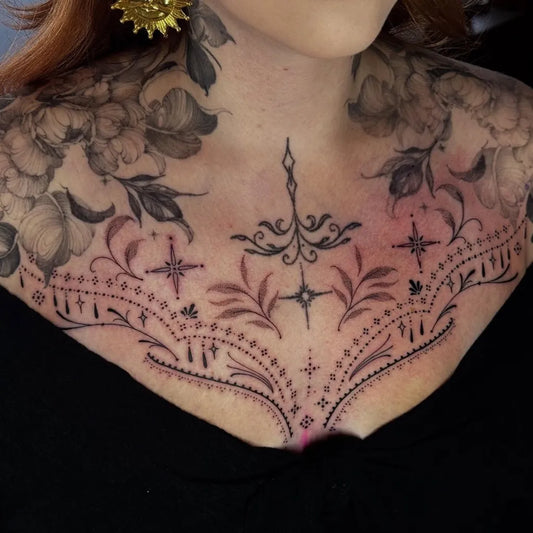 Big Floral Mandala on Women Chest Tattoo by @marieradfordtattoo
