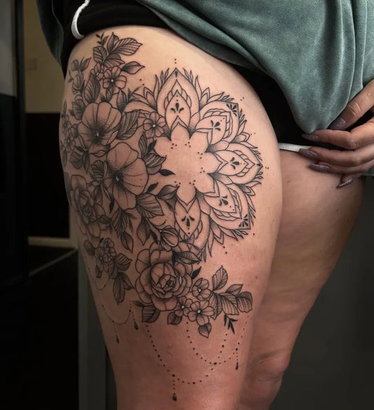 Big Floral Mandala on Women Thigh Tattoo by @_nicoledall_