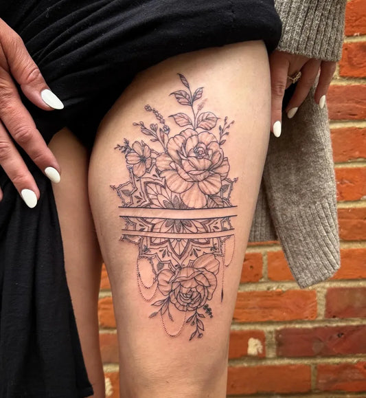 Big Floral Mandala on Women Thigh Tattoo by @femmefortecreativestudio