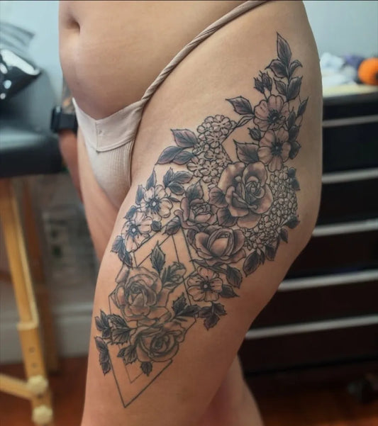 Big Floral Mandala on Women Thigh Tattoo by @needleandquill