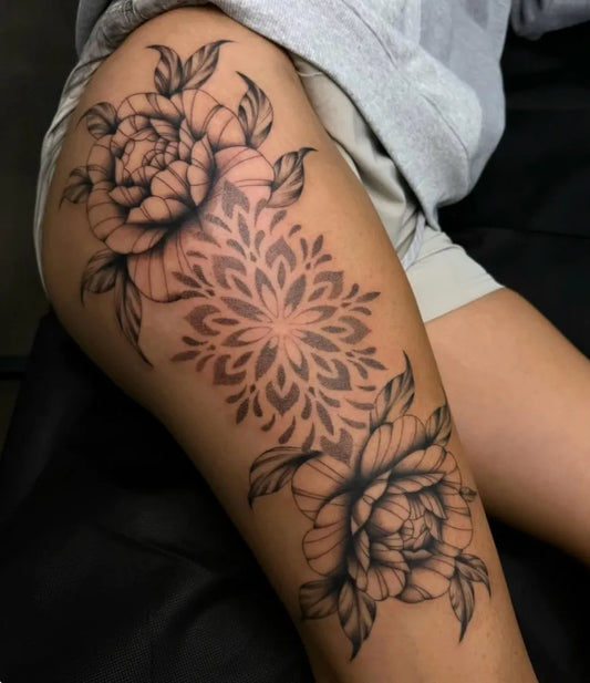 Big Floral Mandala on Women Thigh Tattoo by @soul_expressions_studios