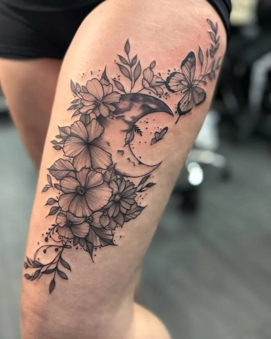 Big Floral Moon Butterfly on Women Thigh Tattoo by @orsaa_art