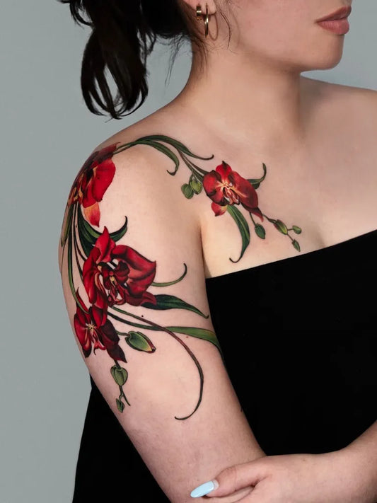 Big Floral Orchid Flowers on Women Shoulder Tattoo by @seoulinktattoo