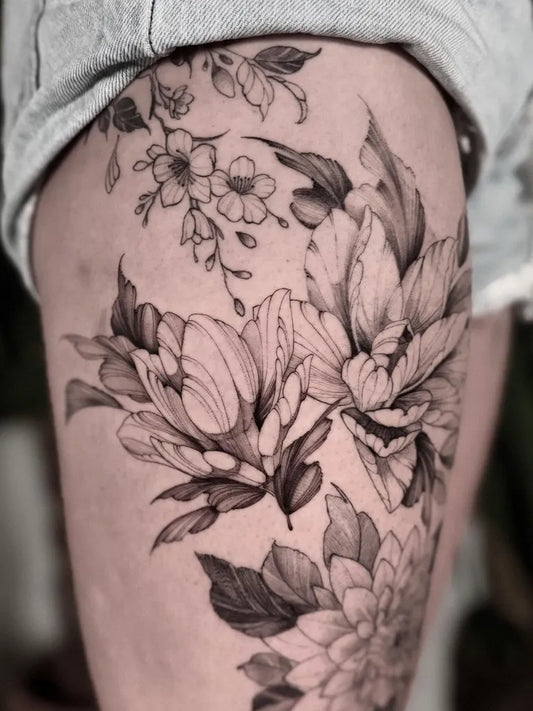 Big Floral Peonies Leaves on Women Thigh Tattoo by @bg.tattoos