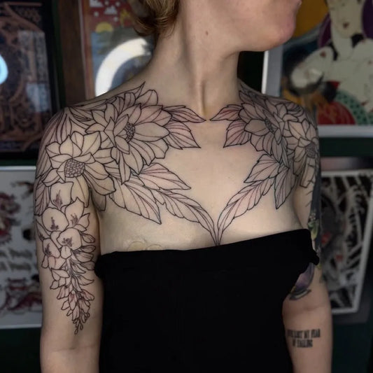 Big Floral Peonies and Leaves on Women Chest Tattoo by @al_xlatattoos