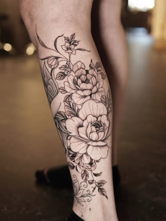 Big Floral Peonies and Leaves on Women Leg Tattoo by @sbm.inked